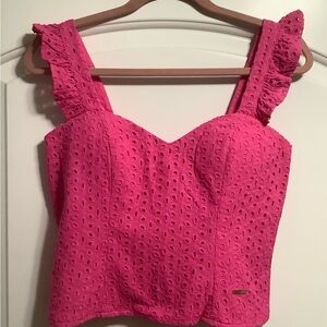 Bebe women’s hot pink eyelet ruffle strap bustier top 6